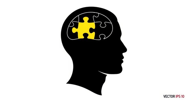 a black silhouette of a human head with a yellow puzzle piece in the brain area on a white backgroun