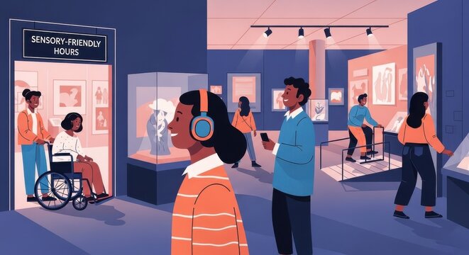 a diverse group of people visiting an art gallery with various exhibits on display gallery scene peo
