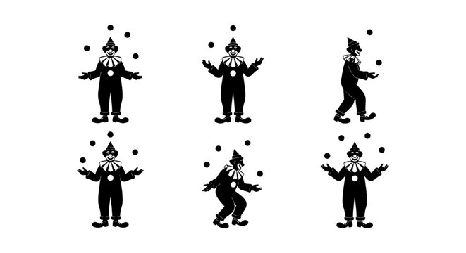 Vintage circus clown juggling balls vector set, black and white harlequin silhouettes, retro carnival performer icons for entertainment design