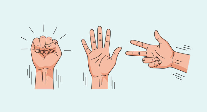 Set of human hands demonstrating the gestures for the popular rock paper scissors game against a light blue background.