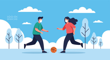 Fototapeta premium Man and woman wearing face masks play with a basketball in a park during a sunny day with clouds and trees for recreation.