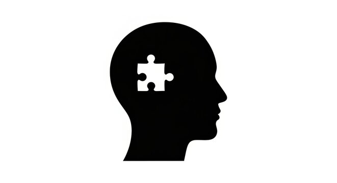 a black silhouette of a human head with a puzzle piece in the brain area on a plain white background