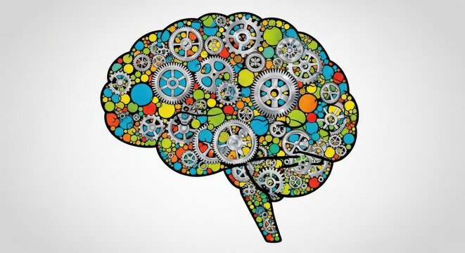 A colorful illustration of a brain made up of various gears on a white background with a grey vignet