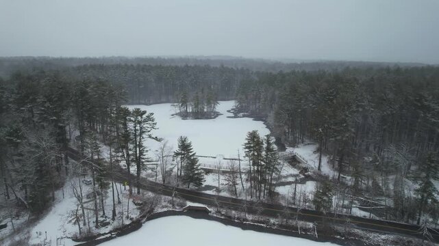 Aerial view of snowy road winding between frosted pine trees, Harold Parker State Forest, Massachusetts, USA
