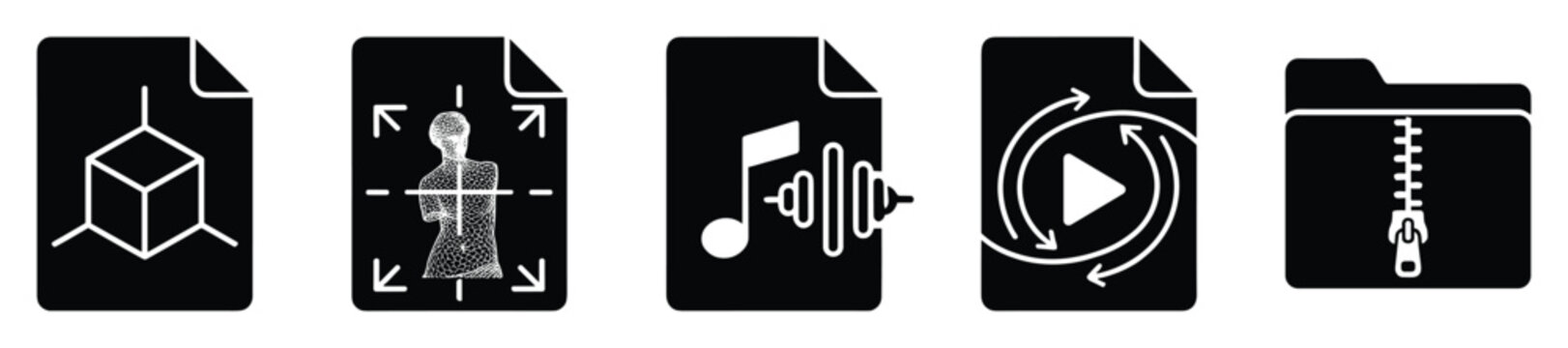 Versatile collection of digital file type icons including 3D data, body scan, audio, looping video, and compressed folder symbols for technology applications.