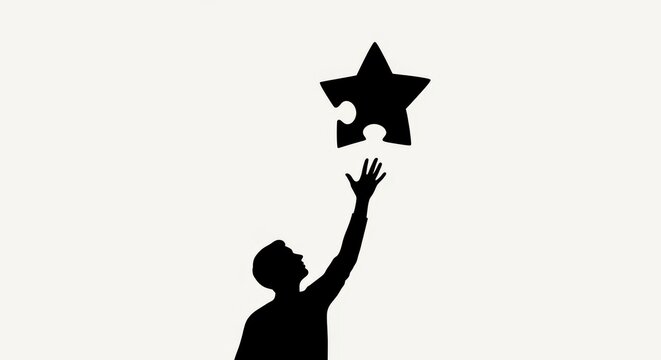 a silhouette of a man reaching up to touch a star shaped puzzle piece in the air black silhouette pu