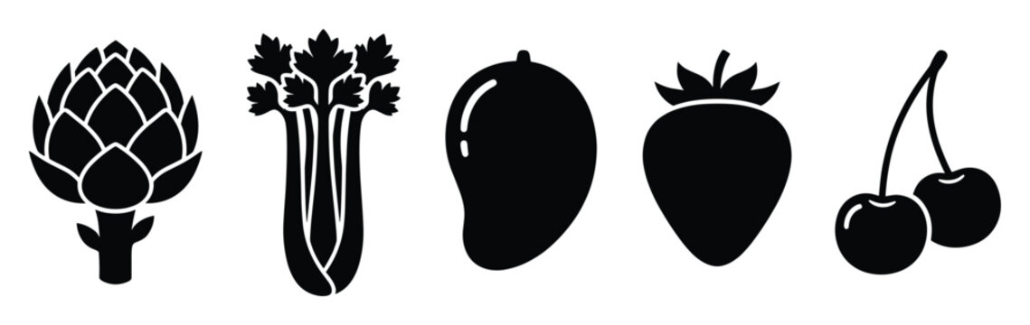Collection of fresh organic produce icons including artichoke celery mango strawberry and cherries for healthy food and grocery applications