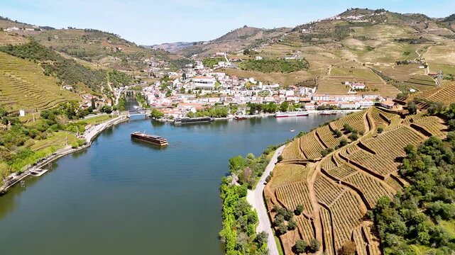 Scenic douro river valley aerial view with terraced vineyards