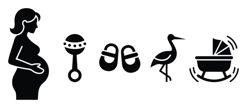 Pregnancy and baby related symbols including a pregnant woman rattle shoes stork and bassinet perfect for maternity announcements and infant care promotions