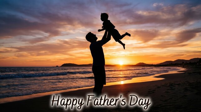 A man lifts a child up in the air on a beach at sunset