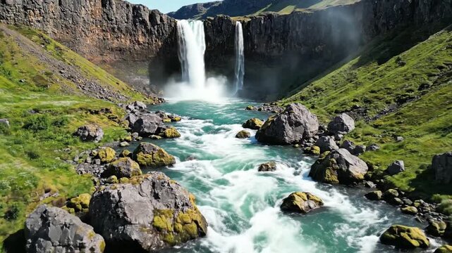 Aerial view of a massive twin waterfall cascading from a steep rocky cliff into a turquoise river with white water rapids and large mossy boulders in a rugged green canyon.