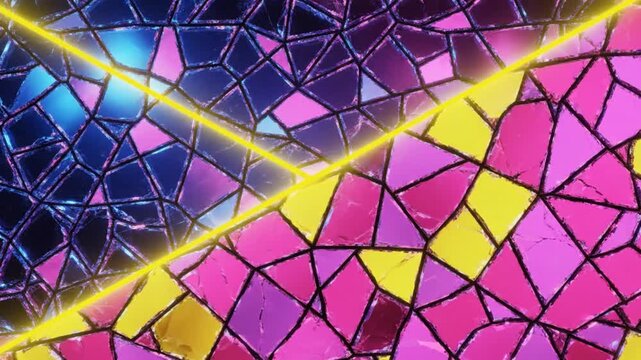 Abstract stained glass background with bright neon yellow crossbeams for a futuristic design