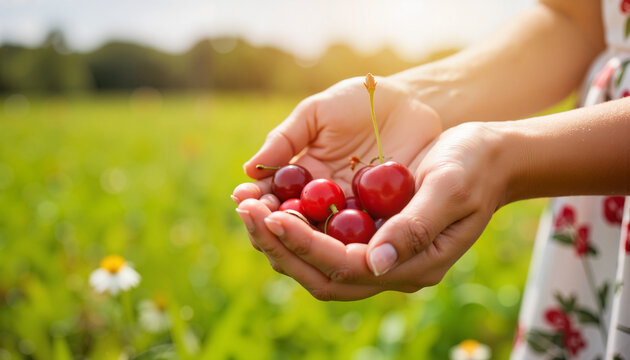 Joyful hands holding freshly picked cherries in summer field, abundance