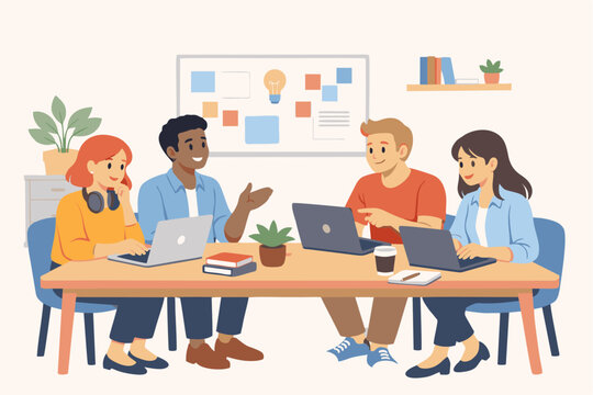 Teamwork brainstorming illustration with four colleagues around table, laptops, coffee cups, potted plant, whiteboard with sticky notes and lightbulb idea symbol, modern office collaboration concept