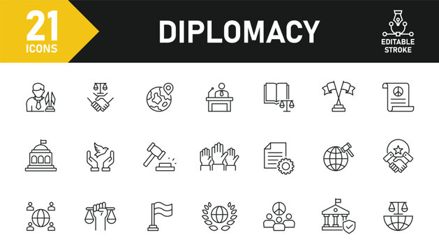 Diplomacy line icon set. Set of 21 outline icons related to international relations, negotiation, global cooperation, handshake, foreign policy and others. Editable stroke. Vector illustration.