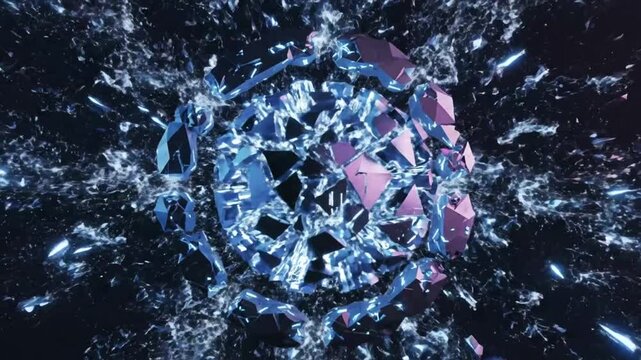 Abstract shattering glass sphere animation with explosive elements, technology concept, digital transformation visual.