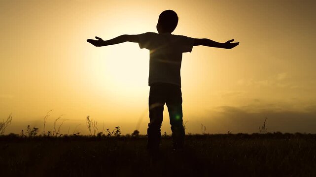 boy son child looking sky happy face smile kid dream prayer sun asking make wish children hands raised sky, wishful thinking moment, sunset wishful child, child seeing sunset, child serene outdoors