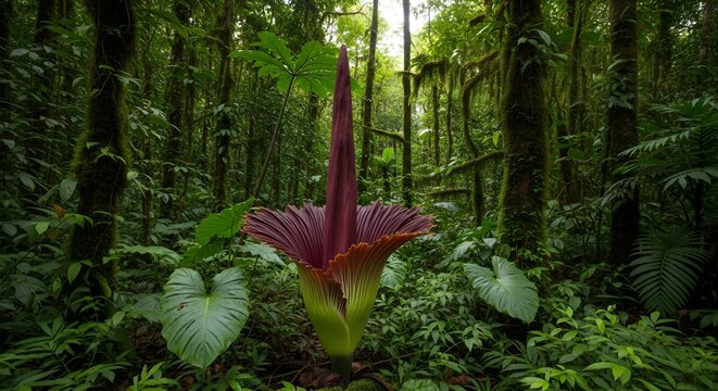 Rare Giant Titan Arum Corpse Flower Blooming in Deep Sumatra Tropical Rainforest