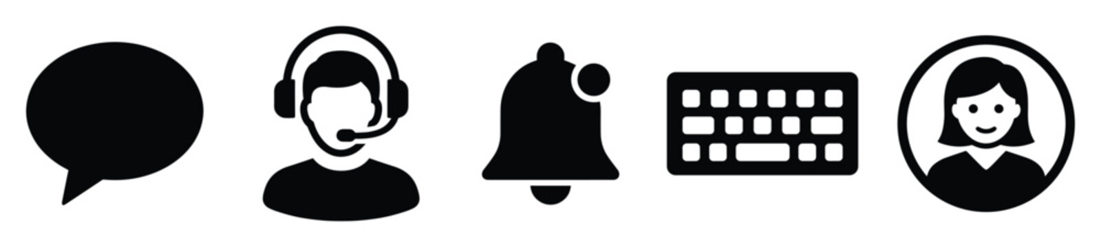 Vector communication and user interface icons for digital services including chat, customer support, notifications, input, and user profiles, ideal for web and mobile applications