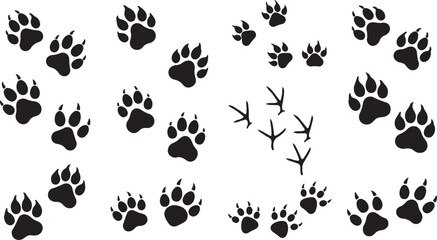 A collection of high-contrast vector silhouettes featuring large mammal paw prints with sharp claws and distinct bird track patterns. © Mend