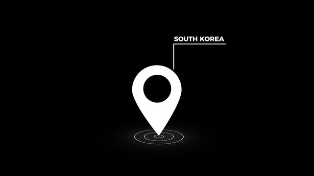 South Korea location marker animation on transparent background. South Korea map label with on a black background 4k video animation.