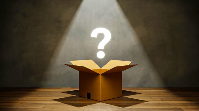 Open mystery box with question mark under dramatic spotlight concept