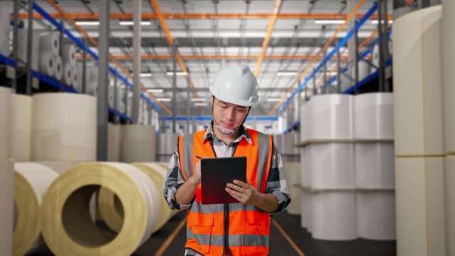 Front View of Asian Male Engineer Taking Note on Tablet While Walking at Warehouse with Rows of Stacked White Polymer and Paper Rolls