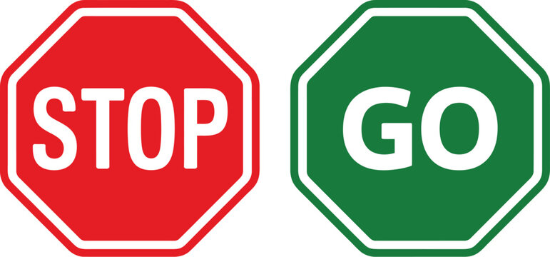 Stop and go sign icon set, vector illustration of red stop and green go signs placed side by side for traffic guidance and control design.