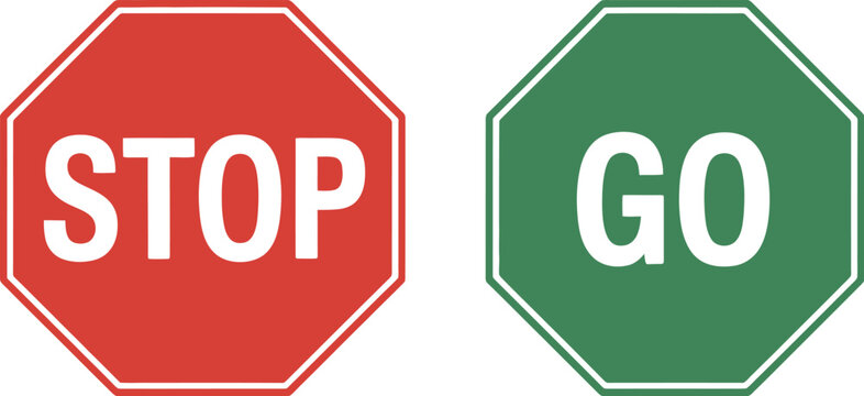 Stop and go sign icon set, red stop and green go symbols side by side for traffic control decision concept and safety signage design.