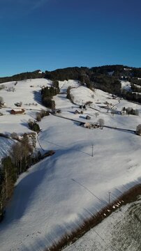 Aerial above snow covered valley in Switzerland Swiss nature outdoor vertical video reel