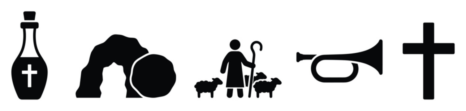 Collection of essential Christian symbols including the empty tomb, good shepherd, anointing oil, trumpet, and cross, perfect for religious studies and faithbased media applications