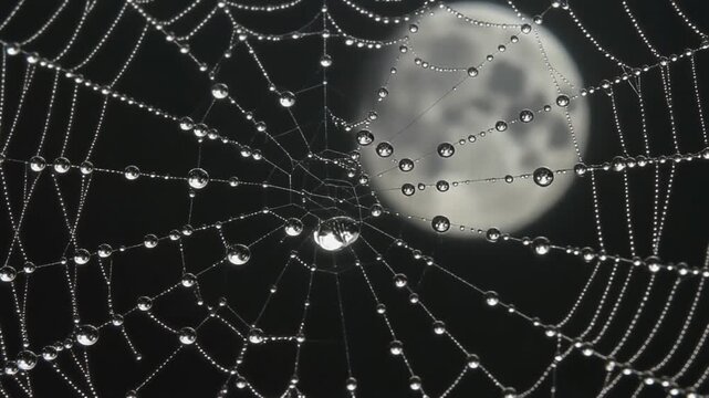 Macro shot of spider web with dew drops reflecting full moon light