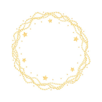 Watercolor light garlands with fairy gold stars round wreath frame. Cute pastel yellow stars in simple cartoon style for cute stickers and Christmas designs. Hand drawn simple template with copy space
