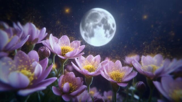 A time-lapse captures blooming night flowers opening under a bright full moon.