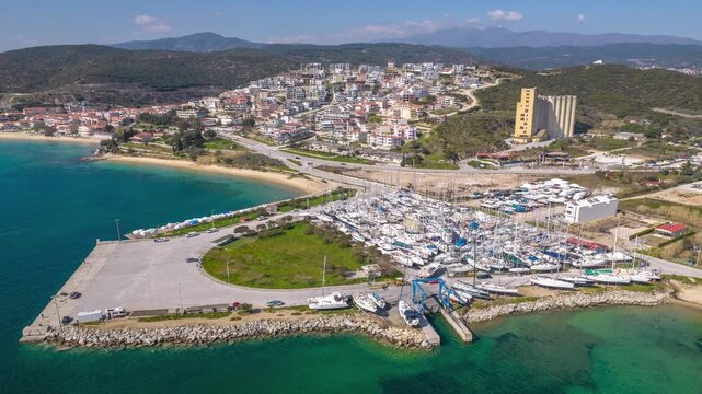 Drone Landscape of Nea Peramos Marina Boatyard in Kavala Greece, Shipyard and Residential Development View