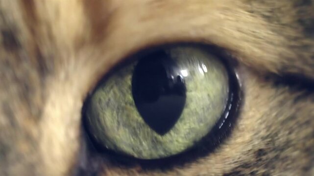Extreme macro close up of a green cat eye with vertical black pupil