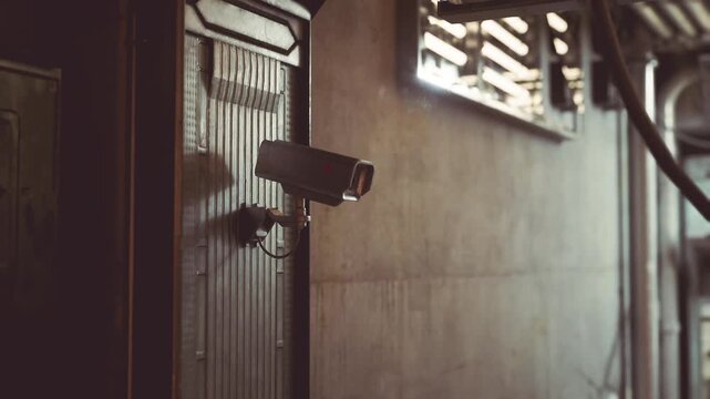 A surveillance camera is installed on a gray wall, capturing the surroundings in a city setting. Sunlight filters through nearby structures, highlighting an urban atmosphere.