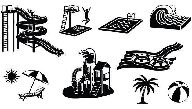 A black and white illustration of a beach pool playground with various icons