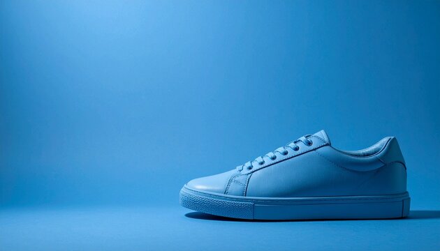 A pair of light blue sneakers on tonal blue background, symbolizing minimalism, style, and modern design.
