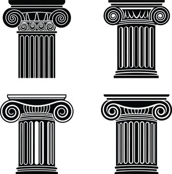 Four black ionic column capitals with fluted shafts architecture ancient