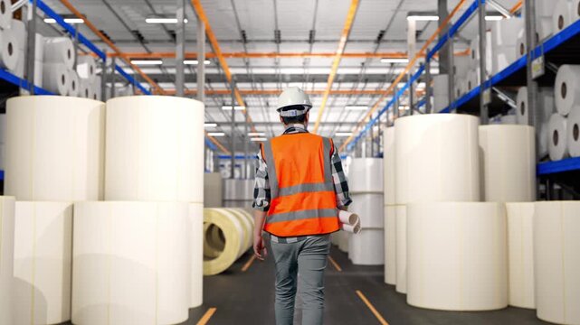 Back of Asian Male Engineer Holding Blueprint While Walking at Warehouse with Rows of Stacked White Polymer and Paper Rolls