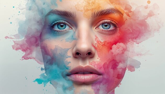 Close-up portrait of a human face partially dissolving into watercolor paint, soft blending colors, dreamy surreal effect, natural skin texture, artistic but realistic, editorial stock photography sty