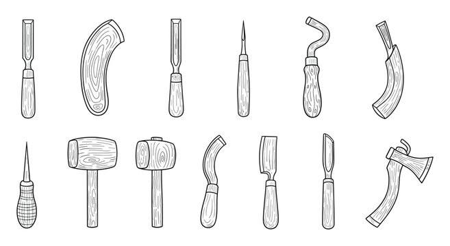 Collection of hand drawn wood carving tools including various chisels mallets and awls perfect for woodworking craft and carpentry projects