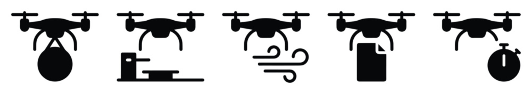 Modern unmanned aerial vehicle symbols depicting delivery, operational procedures, environmental challenges, data transfer, and expedited tasks ideal for illustrating aerial logistics and