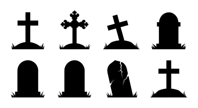 Spooky graveyard headstone silhouettes, set of 8 tombstone icons for Halloween. Black cemetery grave markers with crosses and cracked stone textures.