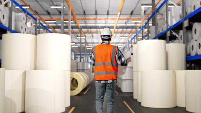 Back of Asian Male Engineer Looking At Blueprint In His Hands While Walking at Warehouse with Rows of Stacked White Polymer and Paper Rolls