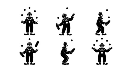 Vintage circus clown silhouette set, retro juggling performer icons, black and white carnival entertainer vector collection, 6 circus character elements © Mizan