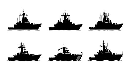 Military warship silhouette collection, set of 6 naval destroyer and frigate icons, black battleship vector illustrations for marine defense design © Mizan