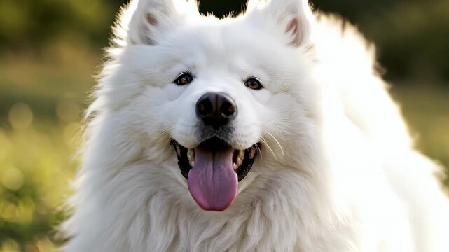 Adorable fluffy white Samoyed dog with a happy expression in nature.