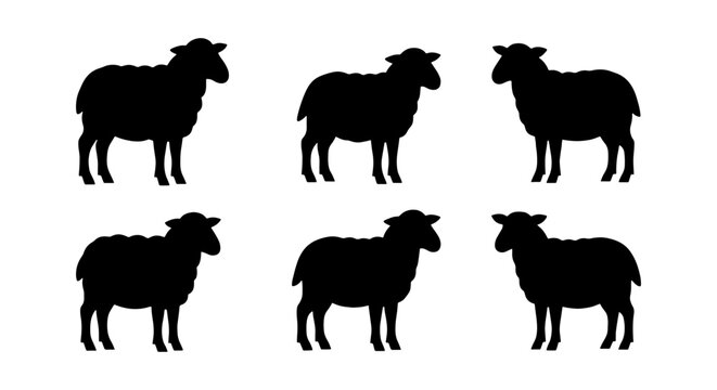 Black sheep silhouette collection, set of 6 farm animal vector icons, minimalist livestock lamb shapes for agriculture branding and logo design